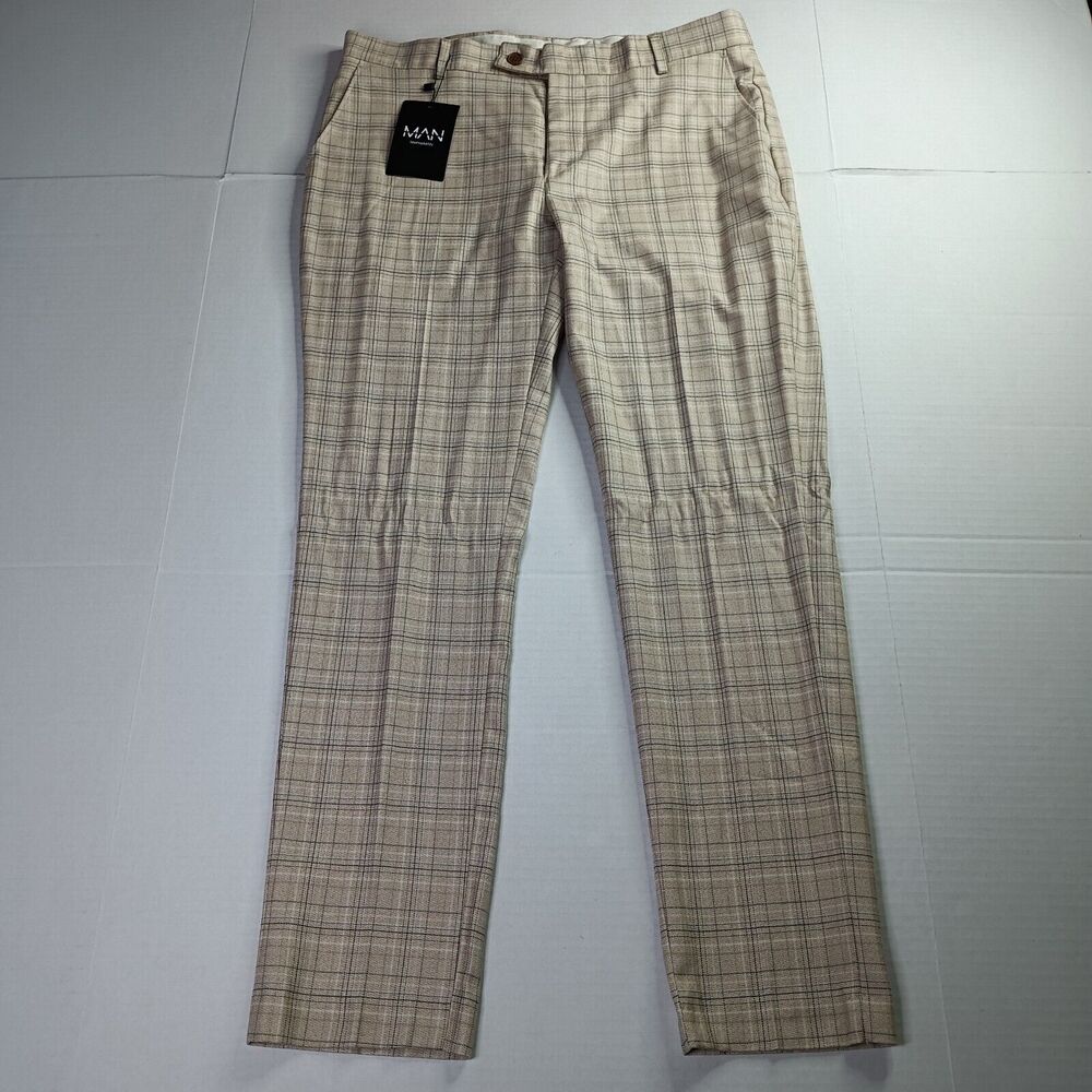 Man Boohoo‎ 32S Skinny Check Suit Trouser Stone Plaid Pants